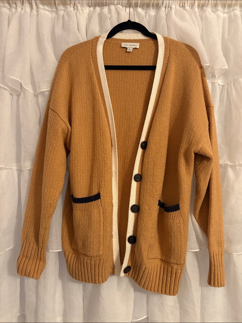 Textured Mustard Cardigan with Cream Trim